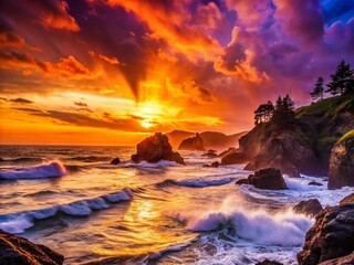 Naklejka premium West Coast Silhouette, Rugged Shoreline Photography, Dramatic Ocean Sunset, Coastal Landscape, Pacific Ocean Silhouette
