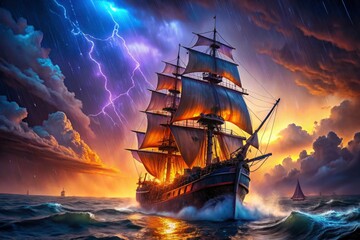 Obraz premium Cyberpunk sailor fights storm, digital pirate ship adrift, rainy night's neon glow.