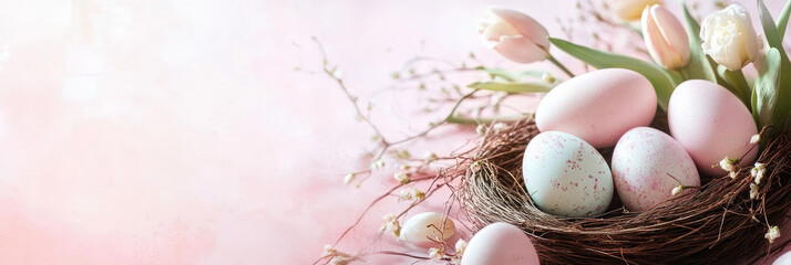 Easter banner with a pastel pink background, a nest and eggs, and tulips. 