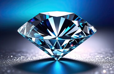 Close-up of a dazzling diamond with intricate facets reflecting blue and white light, set against a gradient blue background, radiating brilliance and elegance