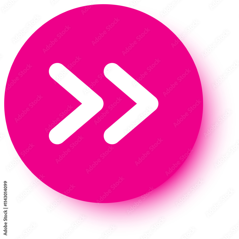 Poster double white arrow pointing right on pink circle button representing forward, next, play, or fast fo