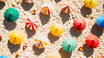 A pastel-colored retro beach scene featuring striped umbrellas, vintage lounge chairs, and soft sandy textures, evoking a nostalgic and relaxing summer atmosphere