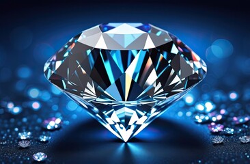 A brilliant diamond with intricate facets reflecting vivid blue and multicolored light, surrounded by scattered smaller sparkling gems on a textured surface