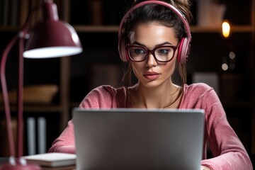 Young hispanic female studying with laptop and headphones in cozy room