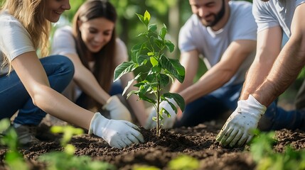 Volunteers planting a small tree in the ground