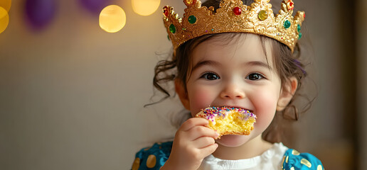 Naklejka premium child wearing crown and eating slice of king cake