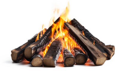 Roaring Campfire Vibrant Yellow Flames Burning Logs Glowing Embers isolated on white background