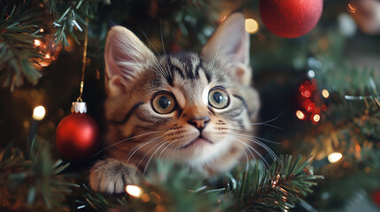 Festive feline delight: playful britsh cat frolicking in a Christmas tree scene, holiday joy and pet companionship concept