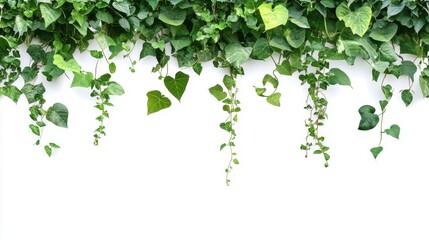 Jungle border with three-leaved wild vine, bush grape liana ivy, and long pepper plant, isolated on white.