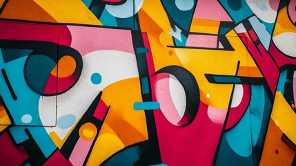 Brightly colored graffiti decorates a futuristic wall with unique abstract shapes