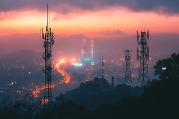 Cityscape at Dusk: Telecommunication Towers Silhouette Against a Vibrant Sunset