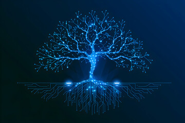 Digital tree of points and lines, blue roots extend into darkness