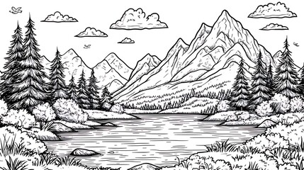 Fototapeta premium Monochrome hand-drawn illustration of a serene mountain lake scene with evergreen trees, rocks, and a partly cloudy sky.