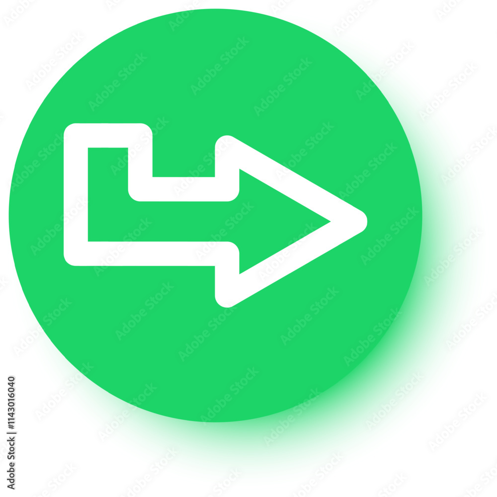 Poster white arrow pointing to the right placed on a green circle with a slight shadow on a white backgroun