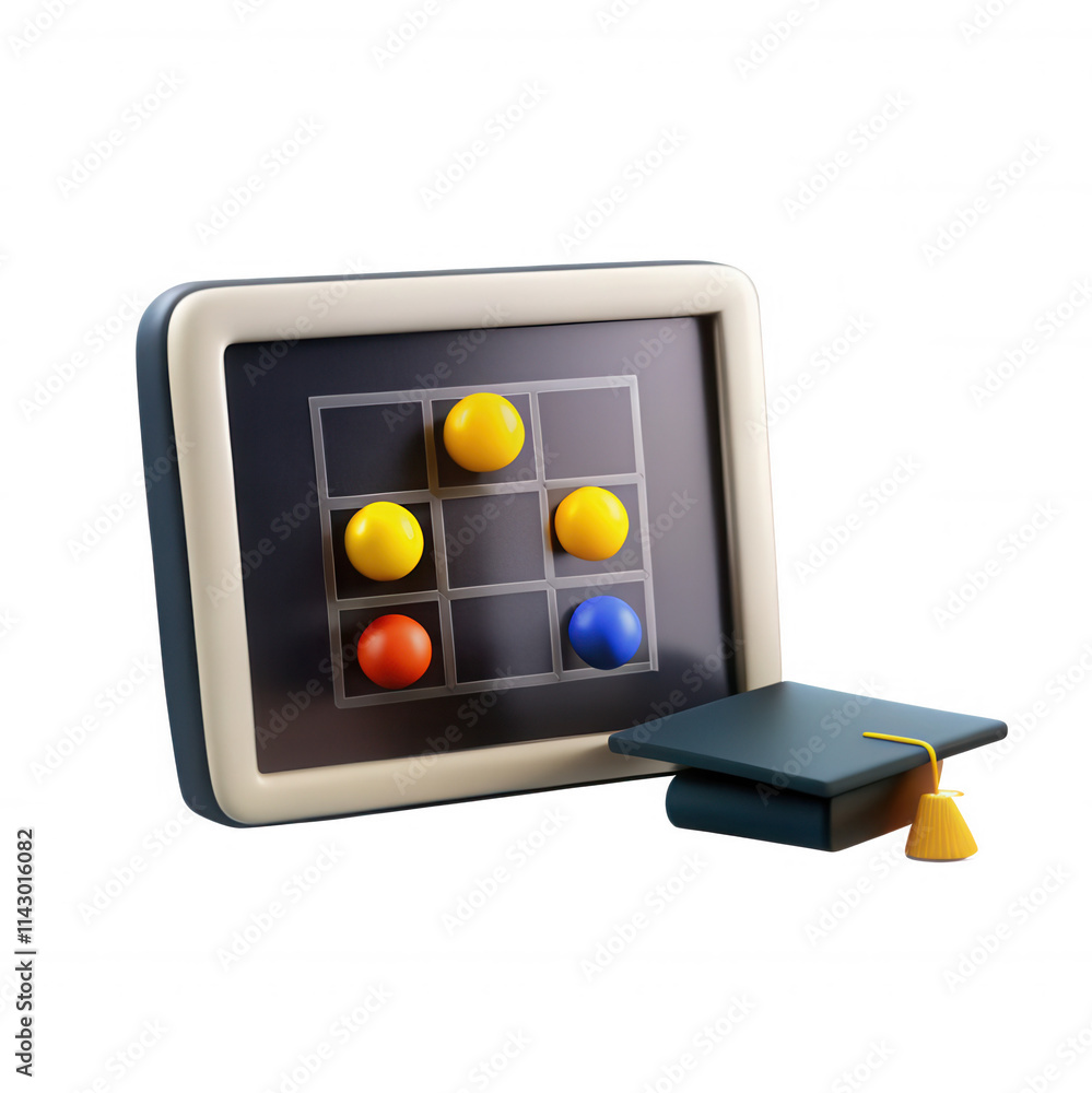 Poster a 3d rendered educational game display featuring a grid with colored balls and a graduation cap, emp