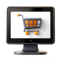 A 3D render of a shopping cart icon displayed on a black computer monitor. The design emphasizes ecommerce and online shopping themes.