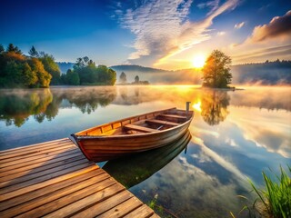 Obraz premium Wooden Rowboat Docked at Pier: Serene Lake Landscape Photography