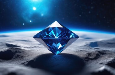 A luminous blue diamond rests on a lunar-like surface, its geometric facets reflecting the glow of a celestial blue light in a starry expanse, symbolizing cosmic elegance and mystery