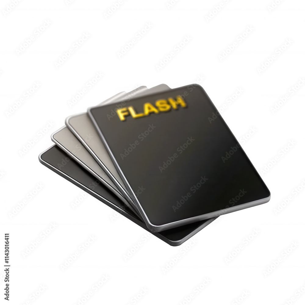 Poster a set of sleek flash memory cards stacked together, showcasing a modern design with highlighted text