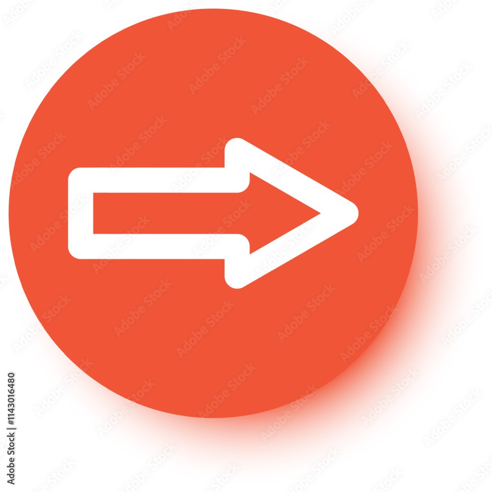 Poster white arrow pointing right indicating direction on an orange circle with soft drop shadow suggesting