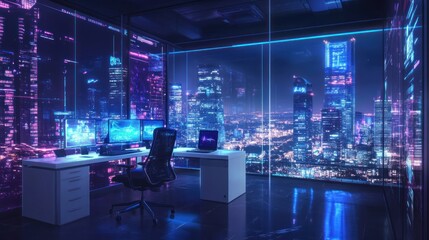 Night cityscape view from modern office with computer screens displaying data.
