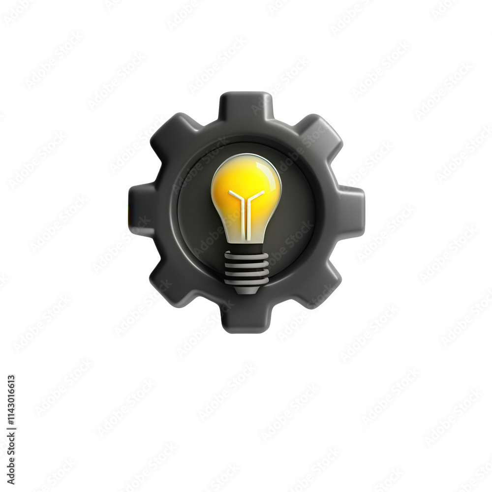 Poster a 3d render of a lightbulb embedded within a gear icon, symbolizing innovation and mechanical design