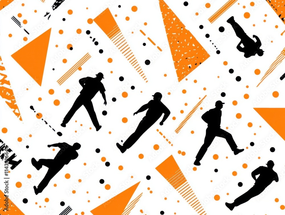 Poster dynamic silhouettes of walking figures in abstract orange and black patterns urban environment graph