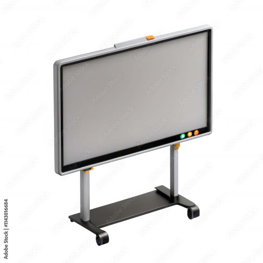 Poster a digital smart board display on wheels. it features a clean, modern design and is suitable for educ