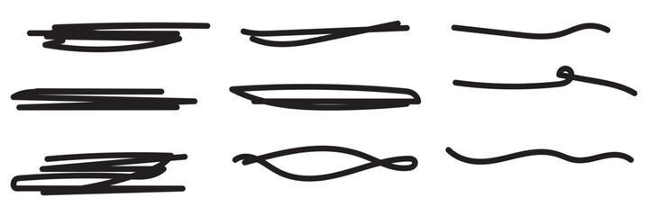 Grunge lines, scrawls, crayon scribbles, rough brush charcoal pen strokes, underlines strikethroughs. Bold doodle freehand shapes. Underline typography scribbles, crosses, curves. Vector illustration