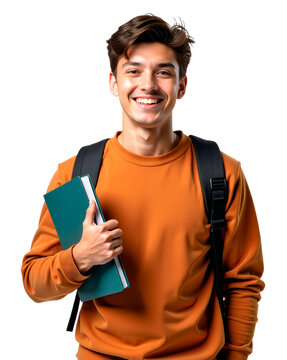 Young man smiling, orange sweater, teal folder, black backpack, student, university, cheerful expression, casual style, white background, studio lighting, portrait, positive attitude, confidence