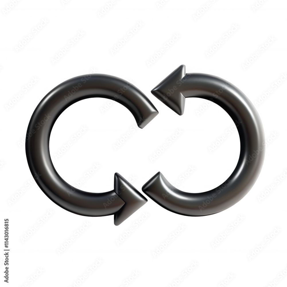Poster a black 3d icon featuring two arrow-like shapes in a continuous loop, representing recycling or ongo
