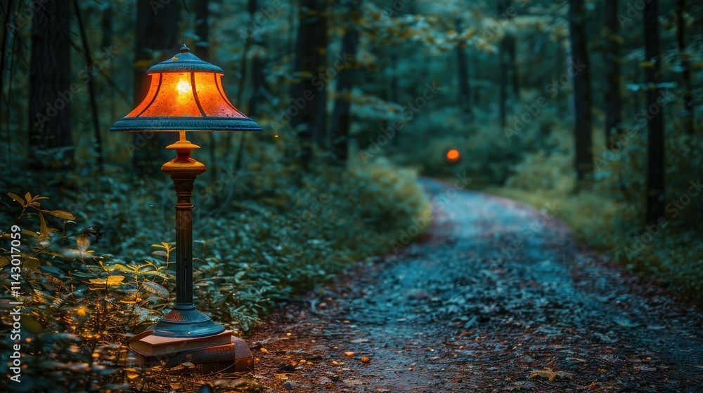 Poster a serene forest path illuminated by a lamp, creating a magical evening atmosphere.