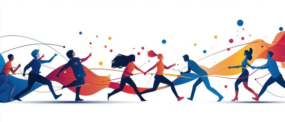 Dynamic group of people running together in a colorful urban environment celebrating unity and movement