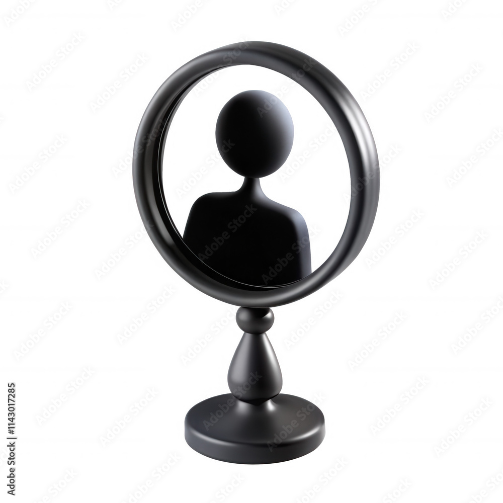 Poster a simplistic black 3d model of a person reflected in a circular mirror, emphasizing a sleek design a