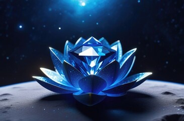 A radiant blue lotus-shaped gemstone glowing softly on a cosmic surface, surrounded by stars in the infinite universe, symbolizing serenity and cosmic energy