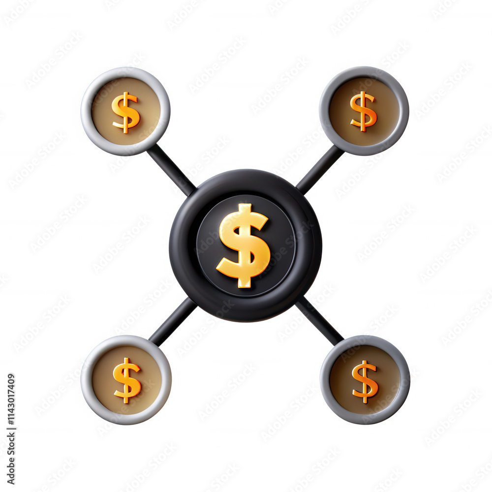 Poster a 3d model illustrating a financial concept with multiple dollar symbols connected by lines, emphasi