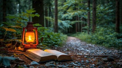 A serene forest scene featuring a lantern beside an open book on a gravel path.