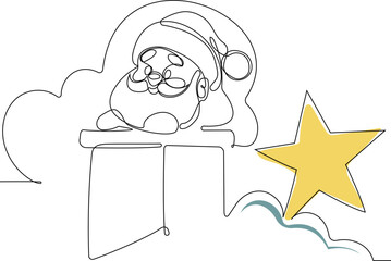 One continuous line drawing Santa Claus on reindeer and sled. concept for Christmas and New Year.  Vector illustration