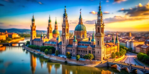 Fototapeta premium Zaragoza Spain Pilar Basilica Tilt-Shift Photography - Miniature Cityscape View