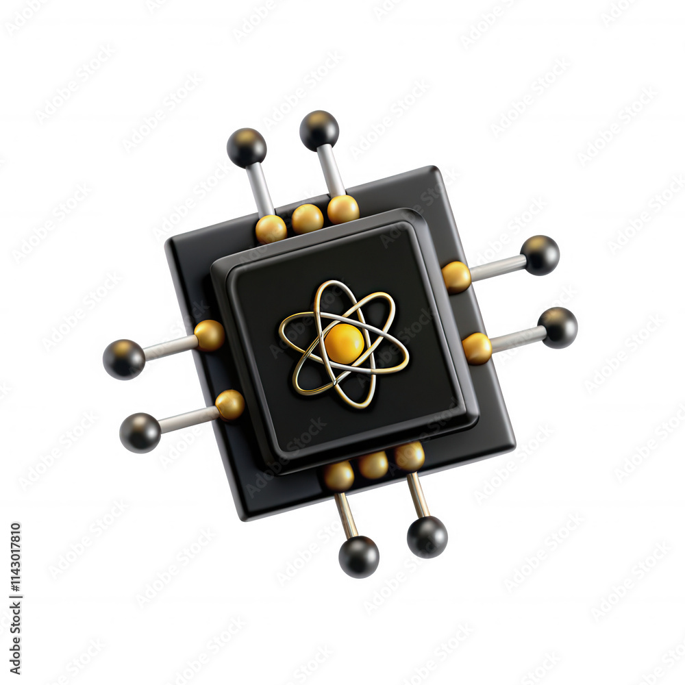 Aufkleber this image features a stylized black and gold microchip design with an atom symbol, representing tec