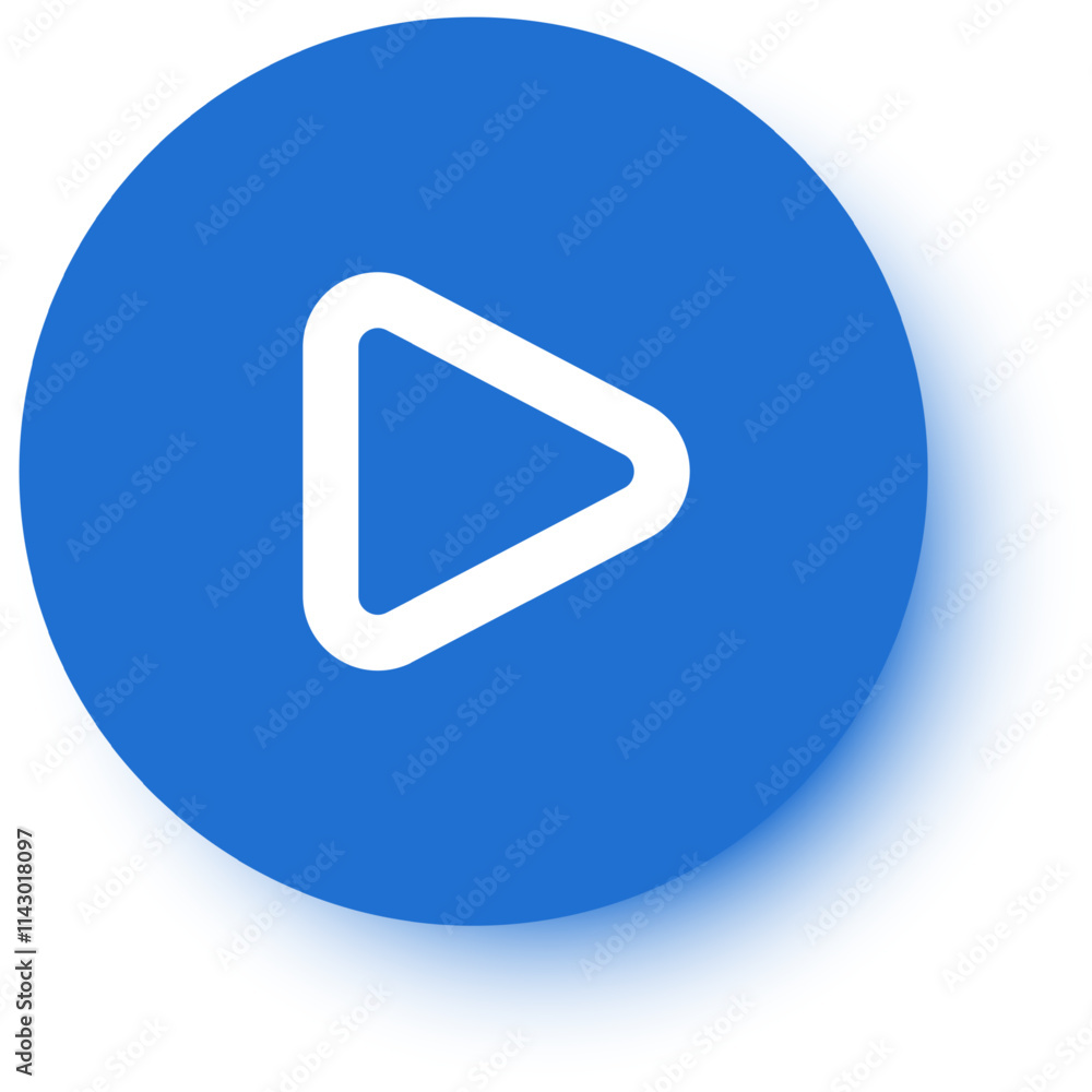 Poster white play symbol is displayed on a blue round button, creating a simple yet effective visual repres