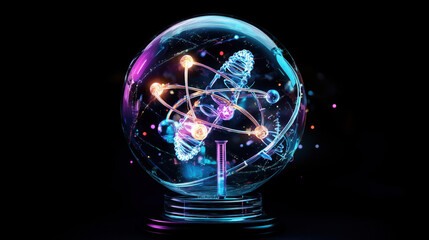 Obraz premium 3D Globe with Orbiting Science Symbols and Glowing Electric Trails: Representing Global Scientific Exploration and Discovery