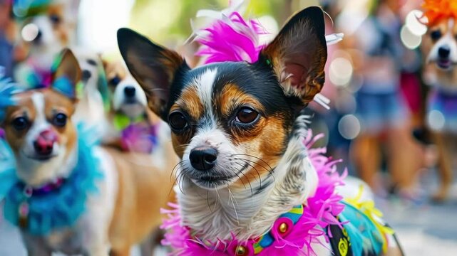 The background is a blur but the joyous atmosphere is evident with colorful pets and their dressedup owners at an outdoor parade.
