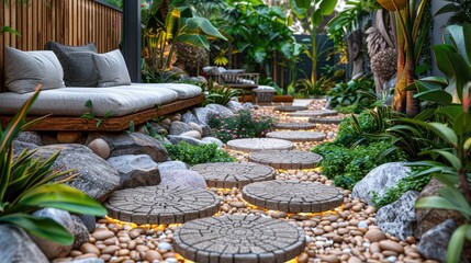 A serene garden pathway with stones, plants, and seating for relaxation.