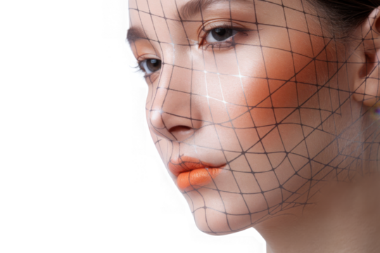 Close-up of a woman’s face with a geometric grid overlay, isolated on a white background. PNG transparent.