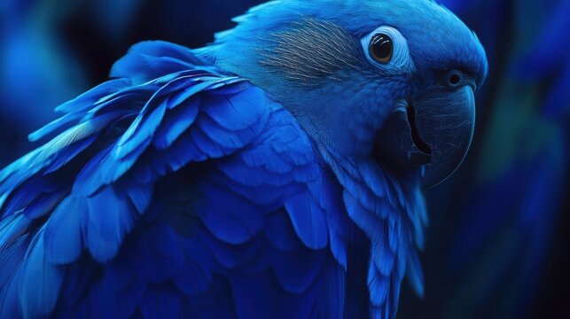 Close-up of a vibrant blue hyacinth macaw, showcasing the intricate details of its feathers and intense gaze. A captivating study in rich blue hues.