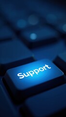 A close-up of a backlit keyboard key labeled "Support," symbolizing customer service and technological assistance in a digital environment.