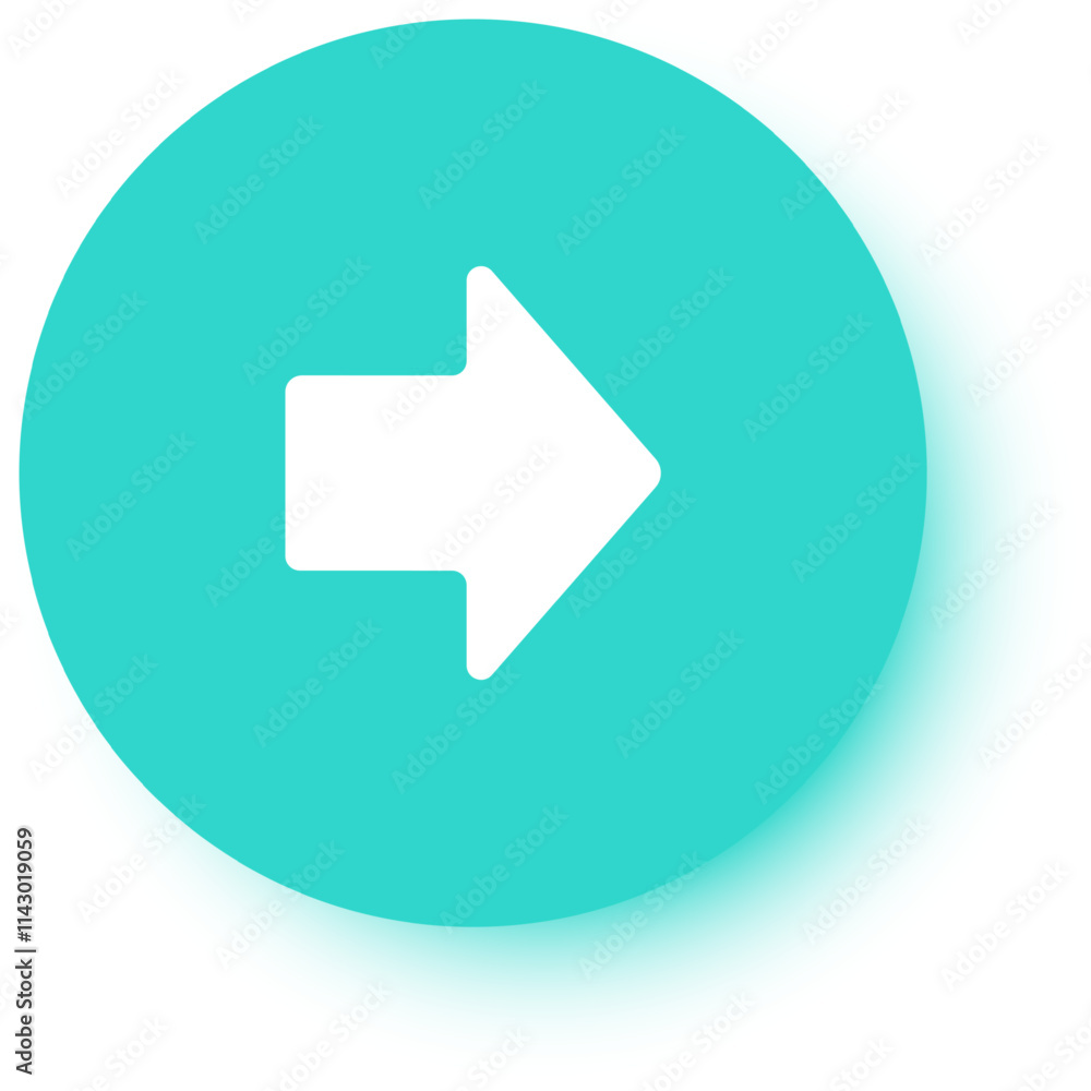 Poster minimalist vector graphic showing a white arrow pointing right on a turquoise circle with drop shado