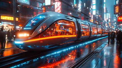Fototapeta premium Futuristic high-speed train at night in a vibrant city.