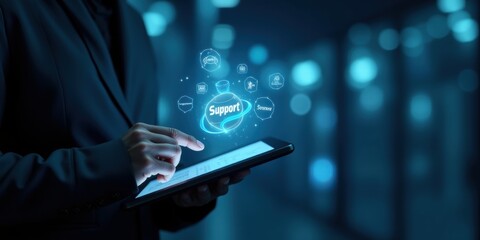A professional interacting with a digital device, showcasing customer support services with futuristic visual elements.